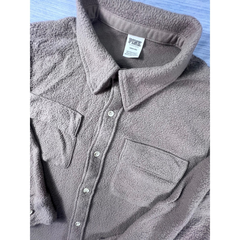 PINK Victoria's Secret Sherpa Fleece Button Down Shacket Mauve Large Logo 865